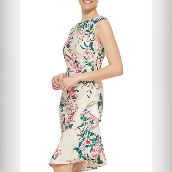 Cascade Floral Ruffle Asymmetrical Hem Sheath Dress In Ivory Multi size 2 - Picture 5 of 12